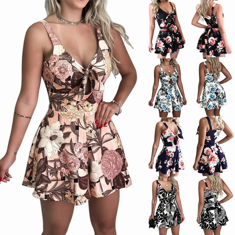 Sexy Spaghetti Strap Flower Print Jumpsuit Women Fashion Bowknot Leace-up Backless Slim Short Jumpsuits Female Trendy Streetwear