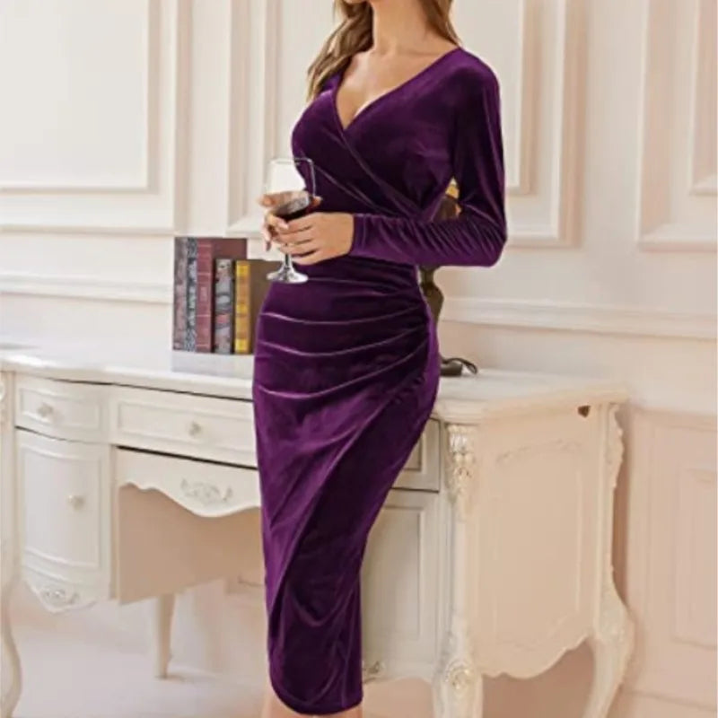 Sexy Woman Solid Color Long Sleeved Party Club Vestidos Autumn Fashion Women's V-neck Bag Hip Irregular Medium Long Dresses