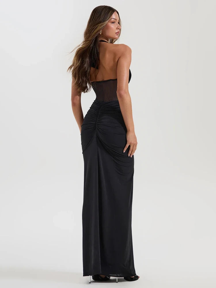 Articat Elegant Hanging Neck Elastic Tight Long Dress Women Sexy Deep V Slim Fishbone Party Club Evening Dress Fall New Vestidos