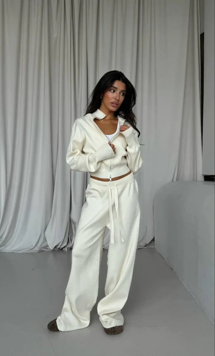 Women Cotton Knitted Cardigan Wide Leg Pants Suit Autumn and Winter Lady  Fashion Loose Daily Office Jacket Straight Pants 2Pcs