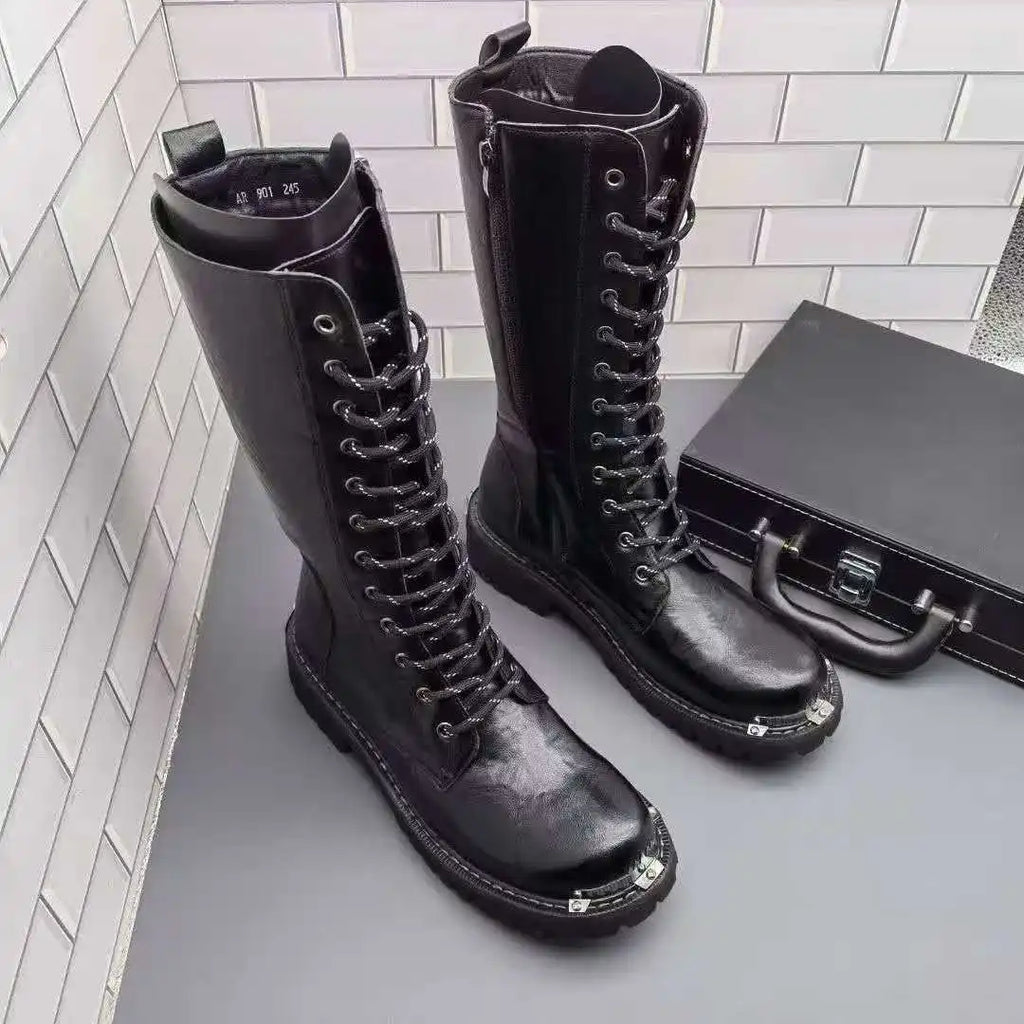 men's fashion party nightclub dress motorcycle boots black soft leather shoes autumn winter cowboy high boot long botas hombre