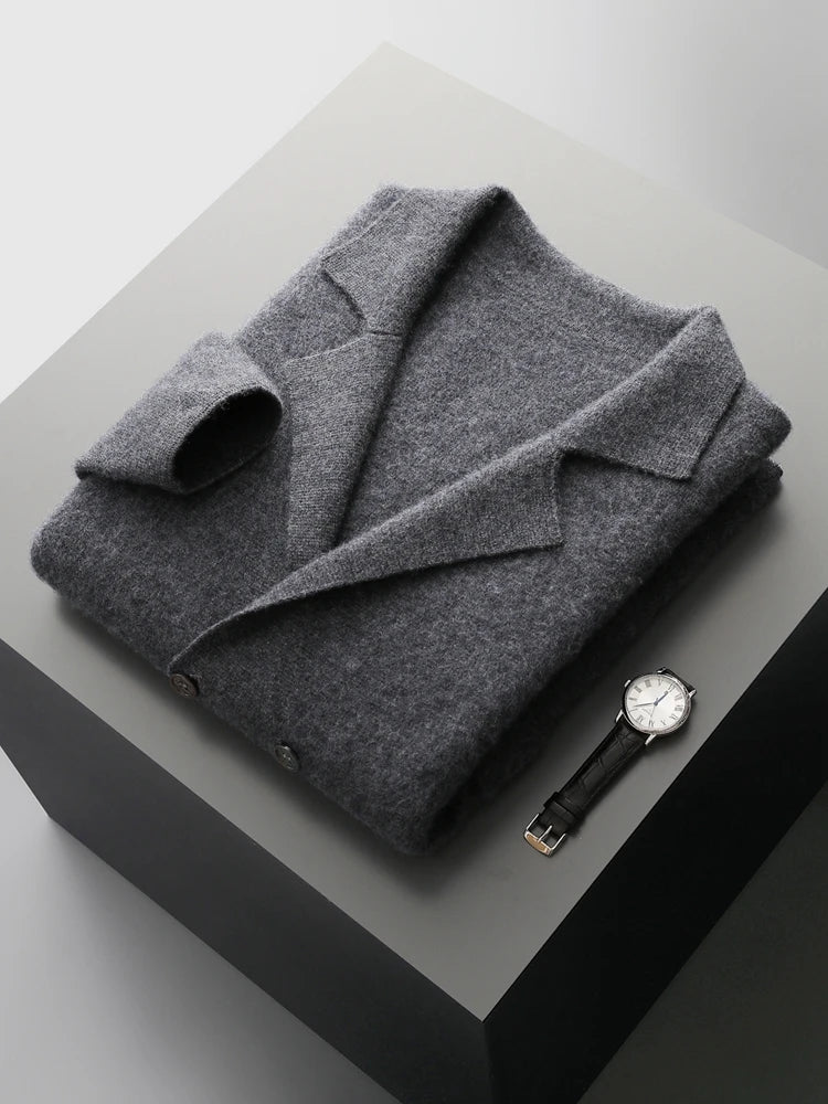 100% Merino Wool Sweater Men's Suit Collar Cardigan Smart Casual Knitwear Autumn Winter Cashmere Solid Coat Pockets Clothing Top