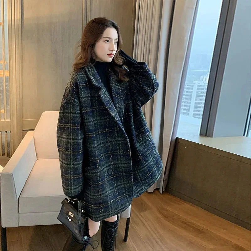 Vintage Fashion Commuter Plaid Medium Long Woolen Coat Women 2023 Spring Autumn New Korean Loose and ComfoRtable Appear Thin