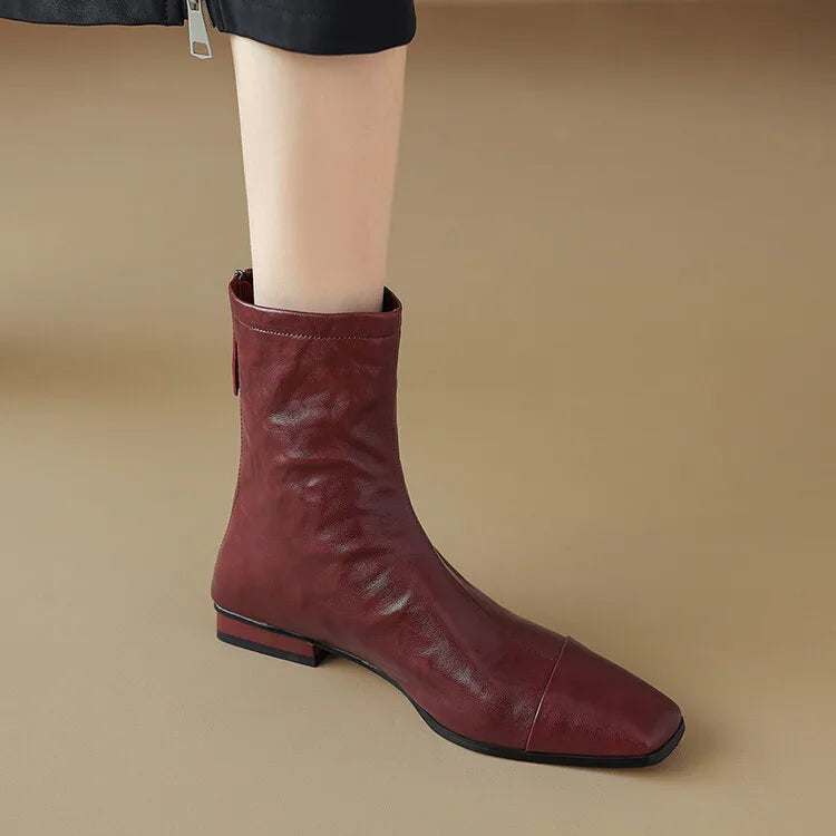 NEW Autumn/Winter Women Boots Square Toe Low Heel Shoes Genuine Leather Shoes for Women Concise Zipper Short Boots Modern Boots