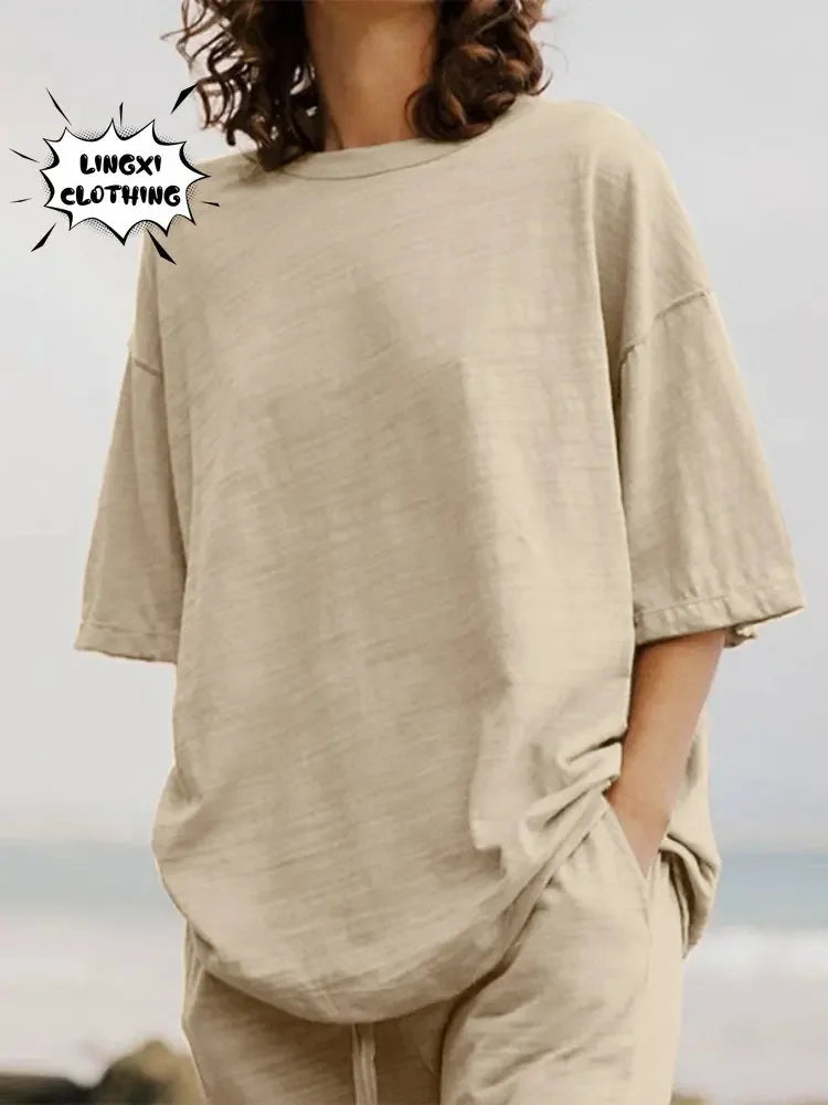 Fashion Women's 2-piece Set 2024 Summer Casual Pocket Set Half Sleeve O-Neck Top and Wide Leg Large Outline Pants Set