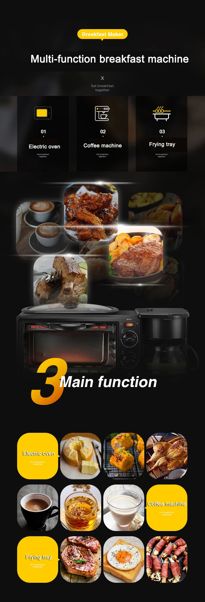 Home Use 3 In 1 Breakfast Makers Multi Function Breakfast Machine with Electric Heater 9L Toaster Oven Coffee Maker Frying Pan