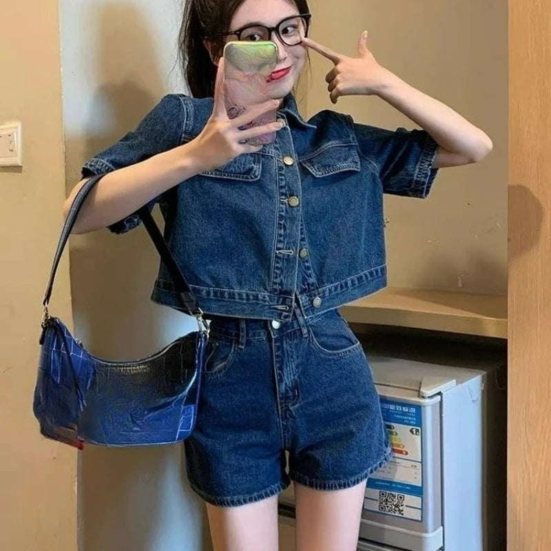 Denim Suit Women's Summer Small Sweet Cool Babes Foreign Style High-end Shorts Two-piece Suit Outside Niche Yet Refined in Style