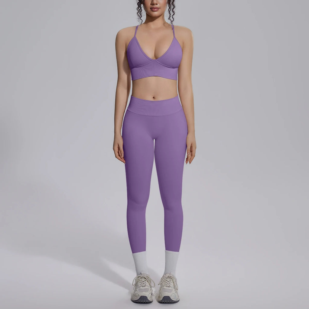 2PCS Woman Yoga Set Shockproof Workout Top Sexy Yoga Bra with Chest Pad High Stretch Seamless Fitness Pants Gym Yoga Set