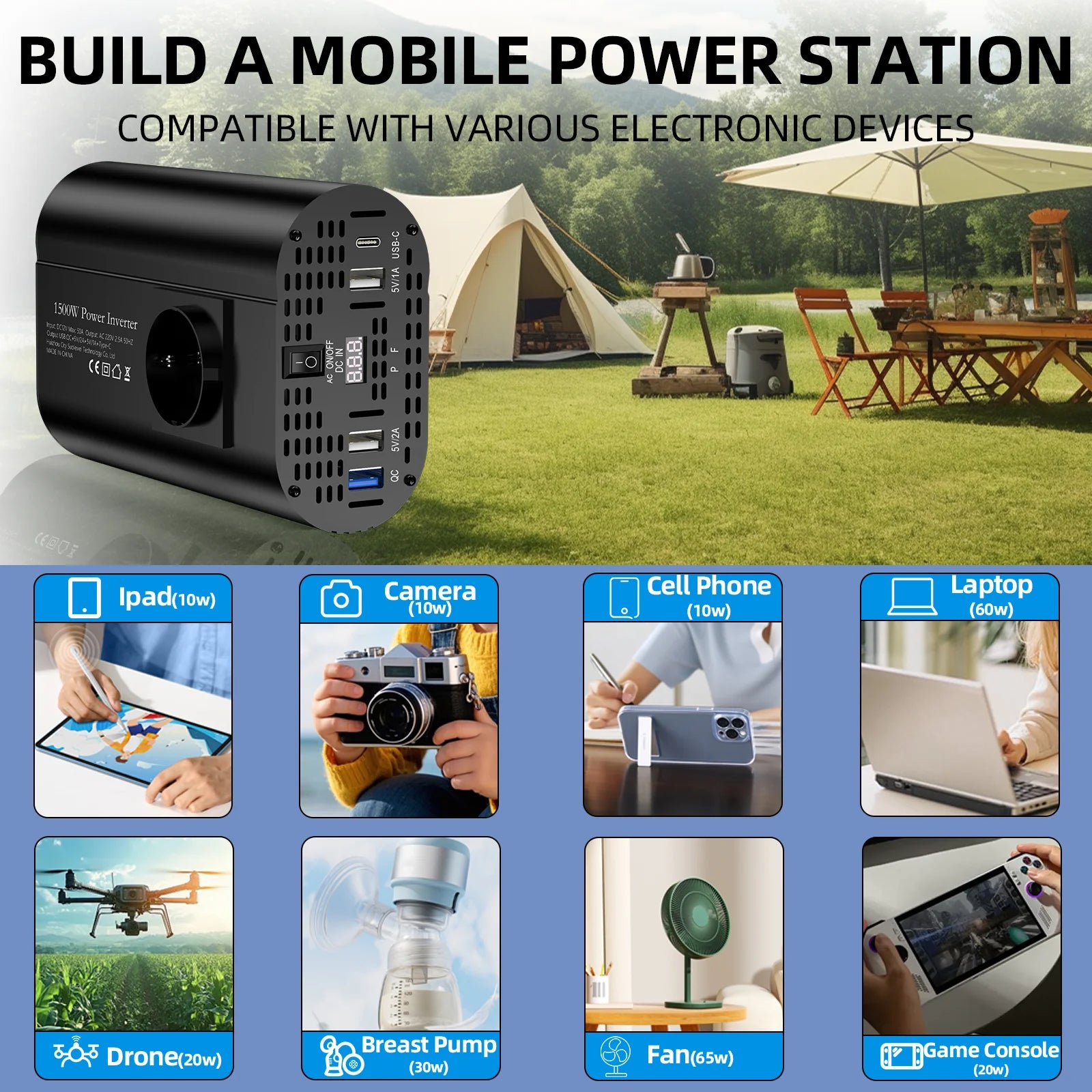 Inverter DC 12V to AC 220V 50HZ correction wave inverter solar car power 1500W voltage portable converter