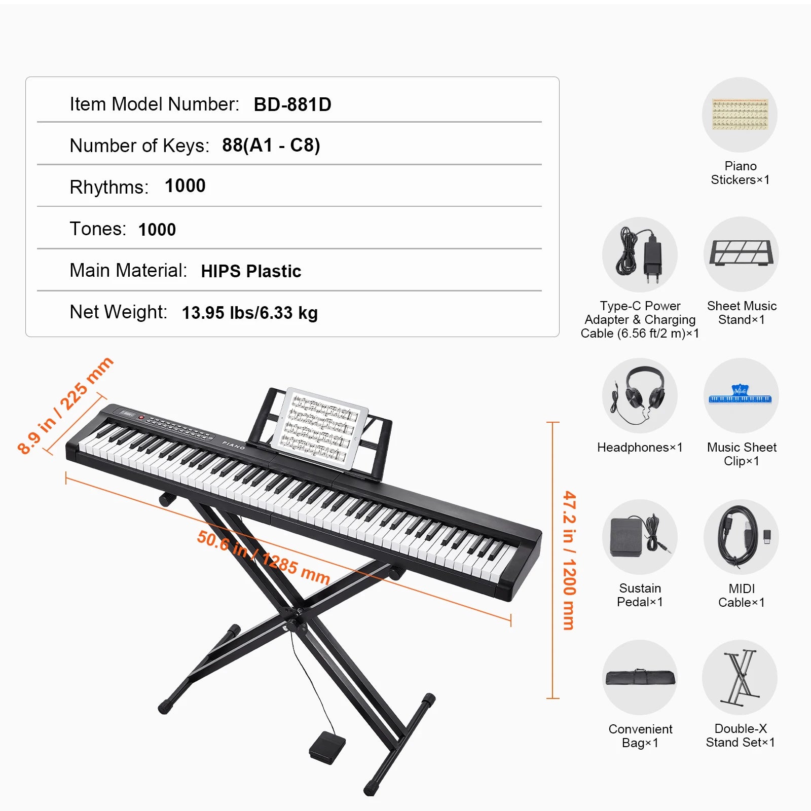 SucceBuy 88 Key Digital Piano Keyboard Semi Weighted Keys Full Size Electric Portable Keyboard Piano Set 1000Tones for Beginners
