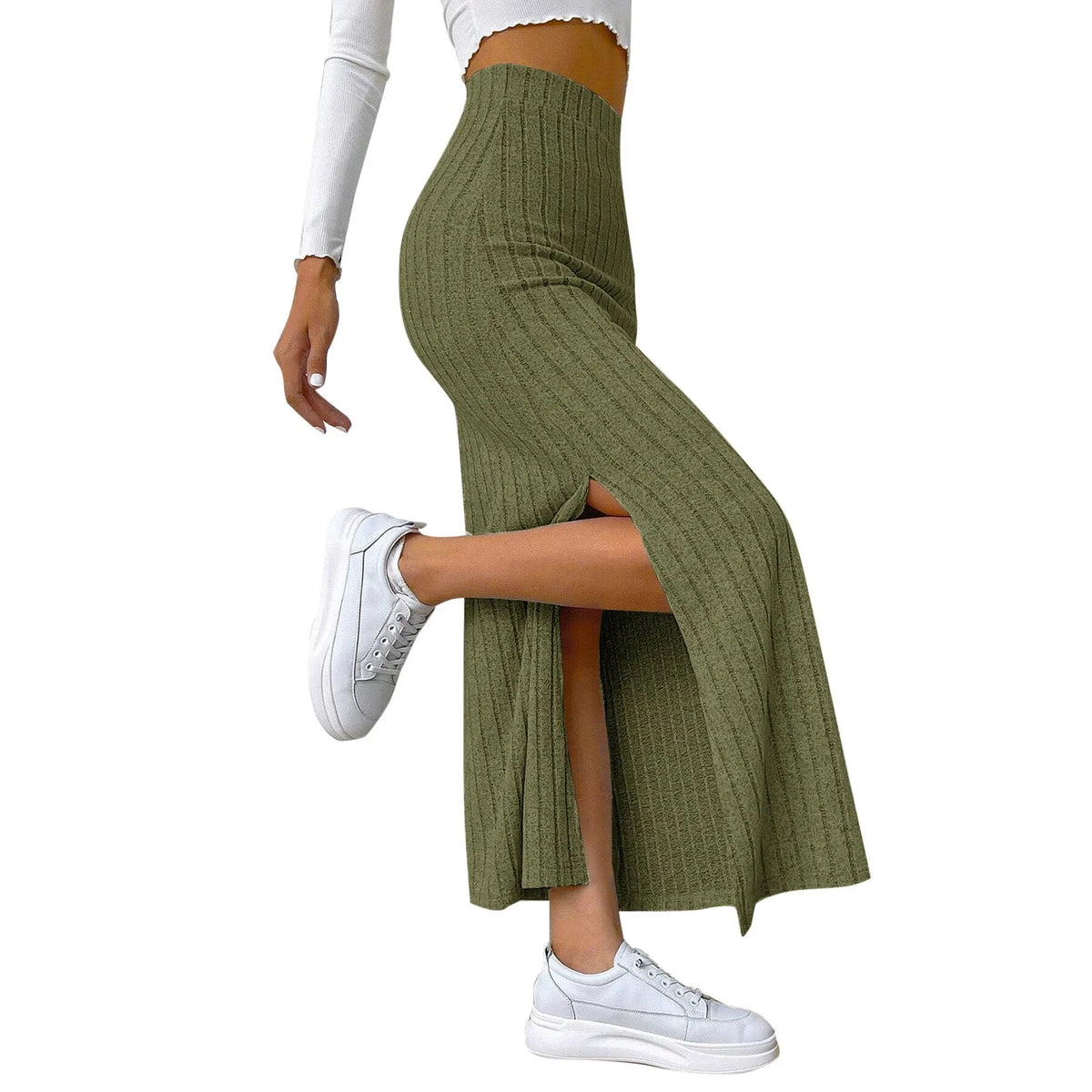 Womens Ribbed Knit Split Thigh Maxi Skirt High Waist Bodycon Pencil Skirt Casual Spring Summer Office Lady Chic Long Skirts 2026