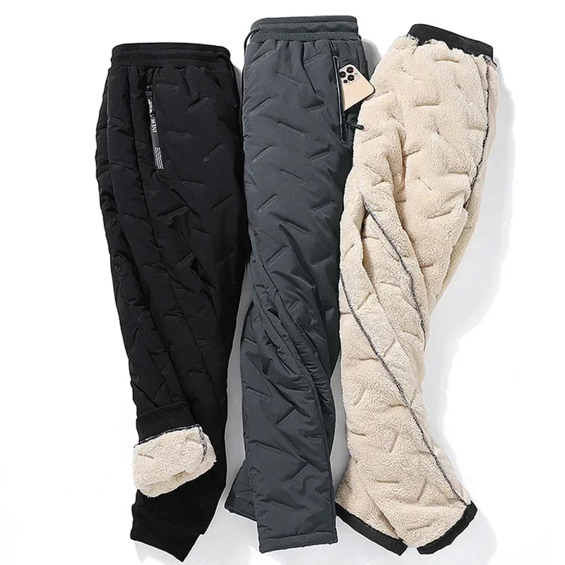 7xl Winter Down Cotton Pants Men's Casual Waterproof Zipper Pocket Thickened Wool Warm Pants Jogger Outdoor Cold-proof Ski Pants