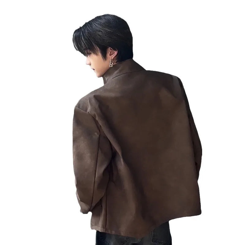 Men's Pu Leather Jacket Autumn Maillard Style Shoulder Pad Jacket Cool Retro Brown Moto Short PU Leather A2 Flight Jacket