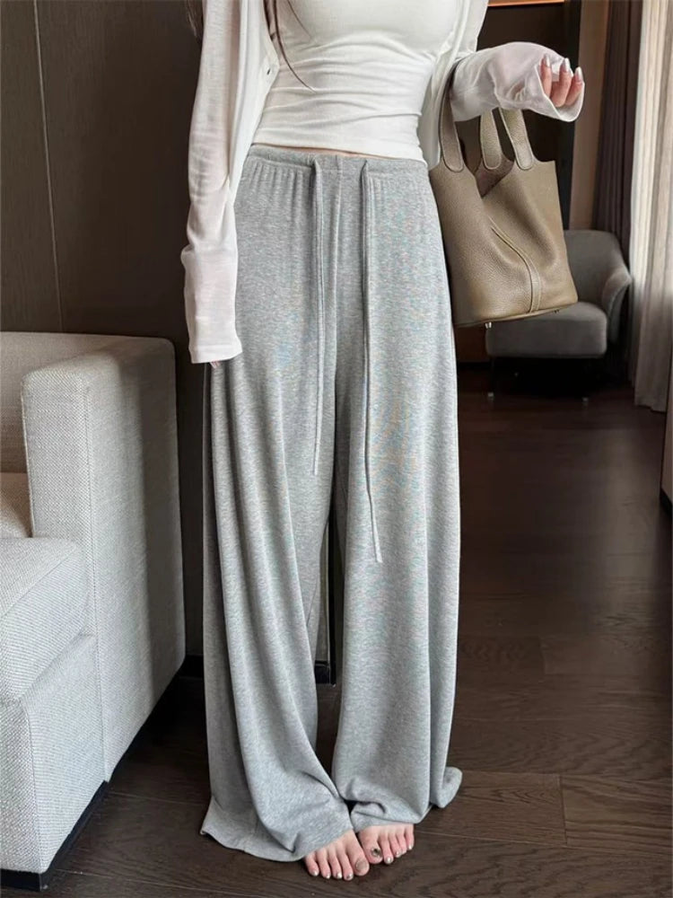 Women's Straight Pants Spring Summer Loose Casual High Waist Wide-leg Pants Drawstring Solid Gray Trousers Women