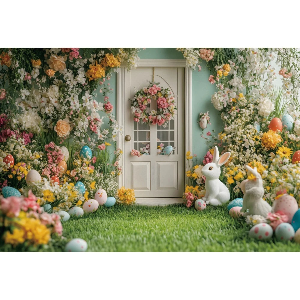 Happy Easter Day Photography Background Blue Wood Board Easter Egg Spring Flower Rabbit Kid Birthday Portrait Photocall Backdrop