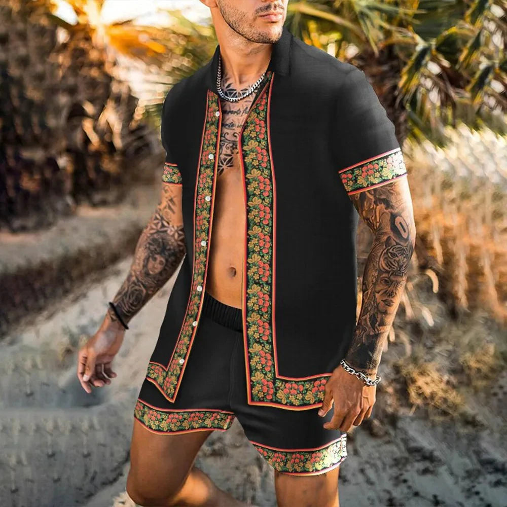 2024 Summer Men's Fashion Leopard Print Short Sleeve Shirt And Shorts Set Beach Style T Shirt Breathable Shorts Two Piece Set