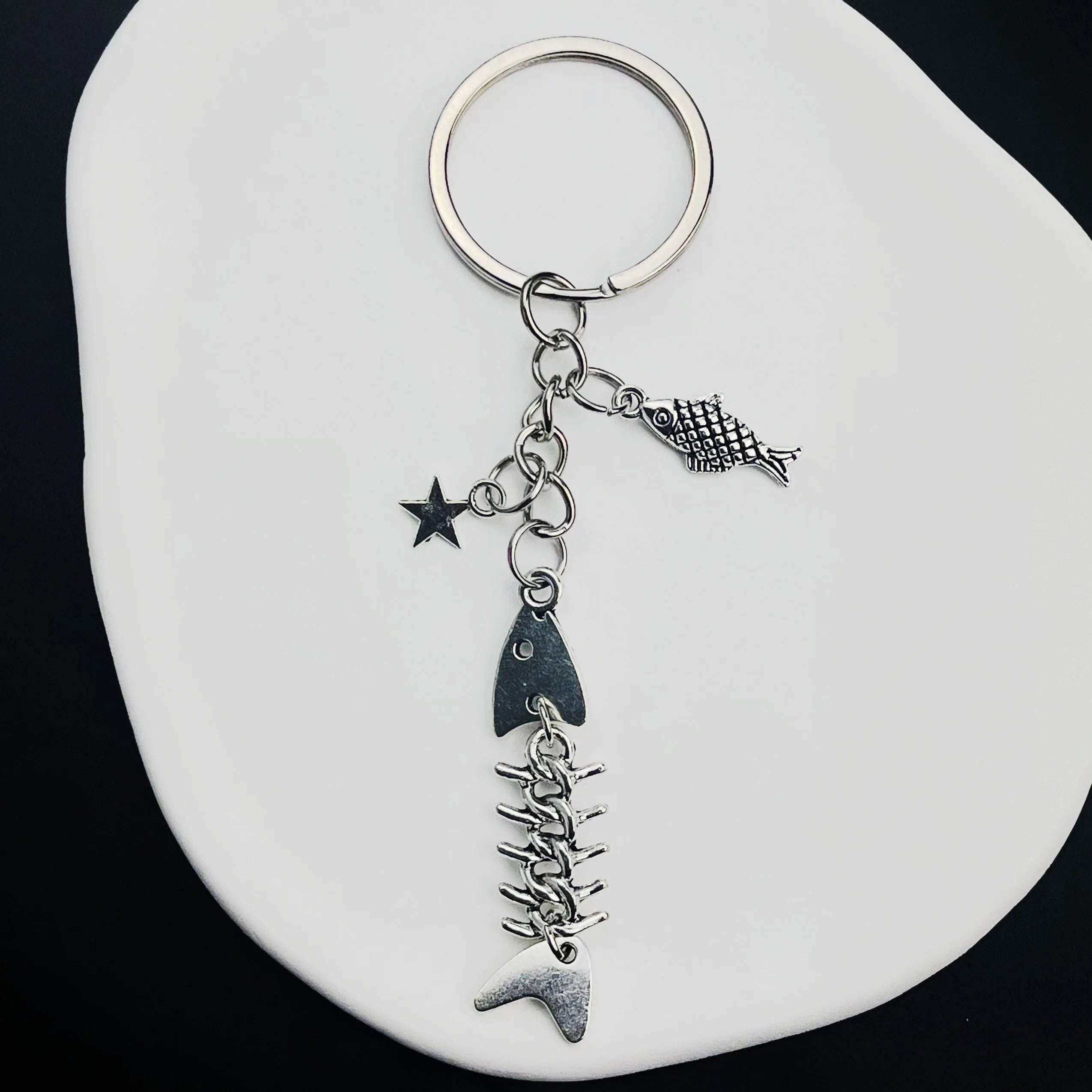 Key Chain Fish Cute Bag Charm Keyring for Car Fishbone Star Punk  DIY Handmade Jewelry Gifts