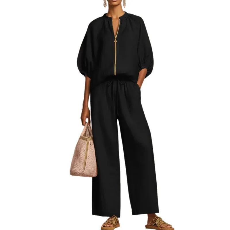 Women Solid 2 Piece Set Chic Laple Zipper Puff Sleeve Top + Wide Leg Pants Outfit Casual Matching Set for Vacation Daily Wear