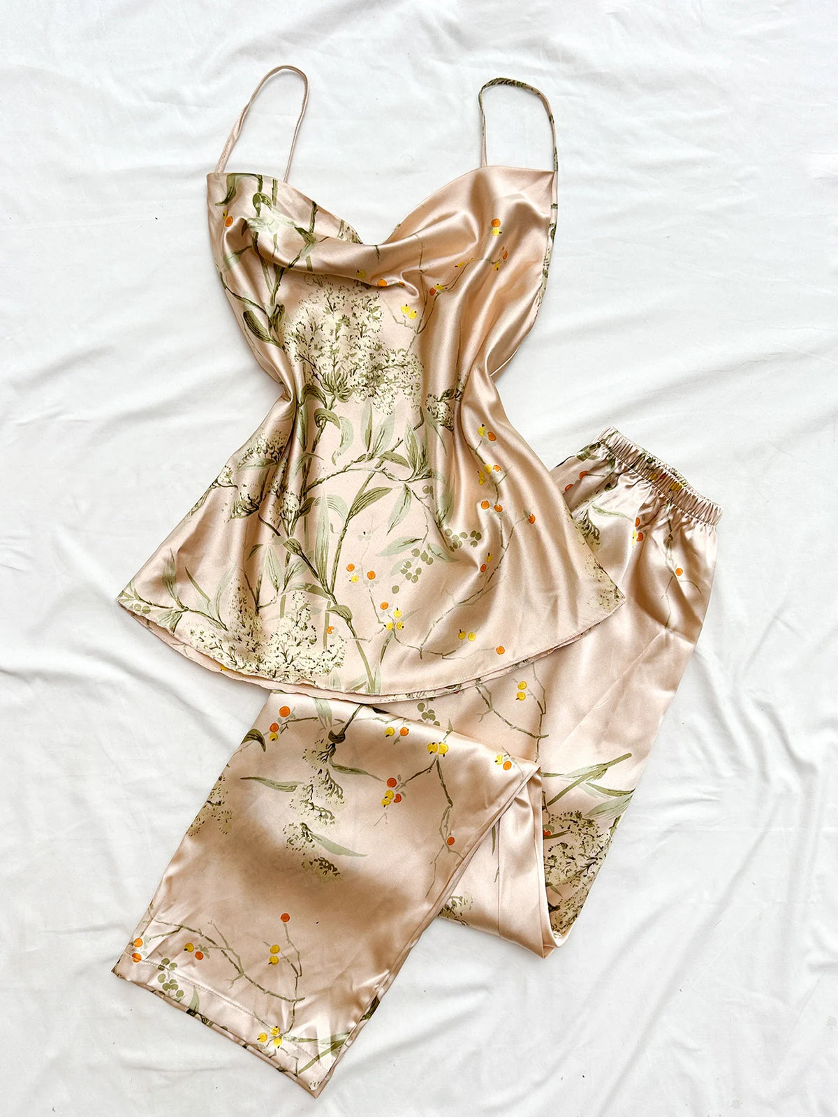 Autumn Women Satin Pajama Set Cherry Floral Print Cami Top and Shorts Sleepwear Versatile Outfit Elegant Comfortable  Loungewear