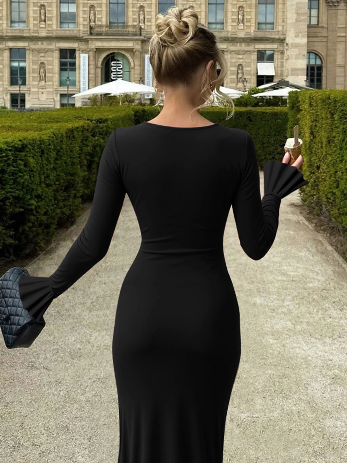 Dulzura O-Neck Long Flare Sleeve Ruched Lace Up Slim Long Dress Women'S Fashion Elegant Clothes Party Club Street Autumn Outfit