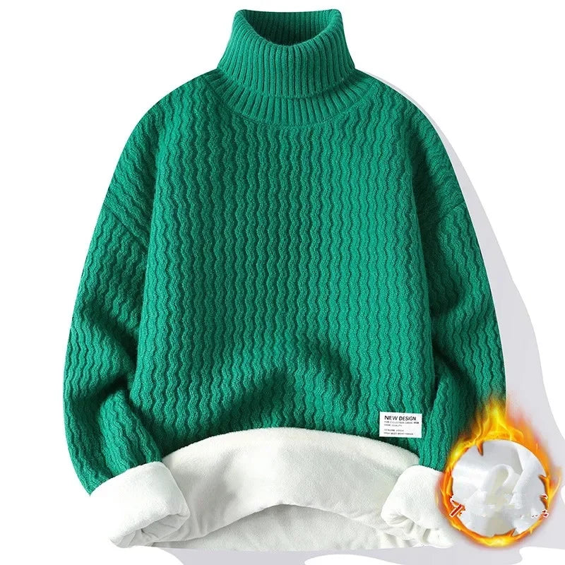 New Winter Fleece Turtleneck Sweater Men Warm Knit Pullovers Mens Casual Knitted Sweaters Solid Color Turtleneck Knitwear Man