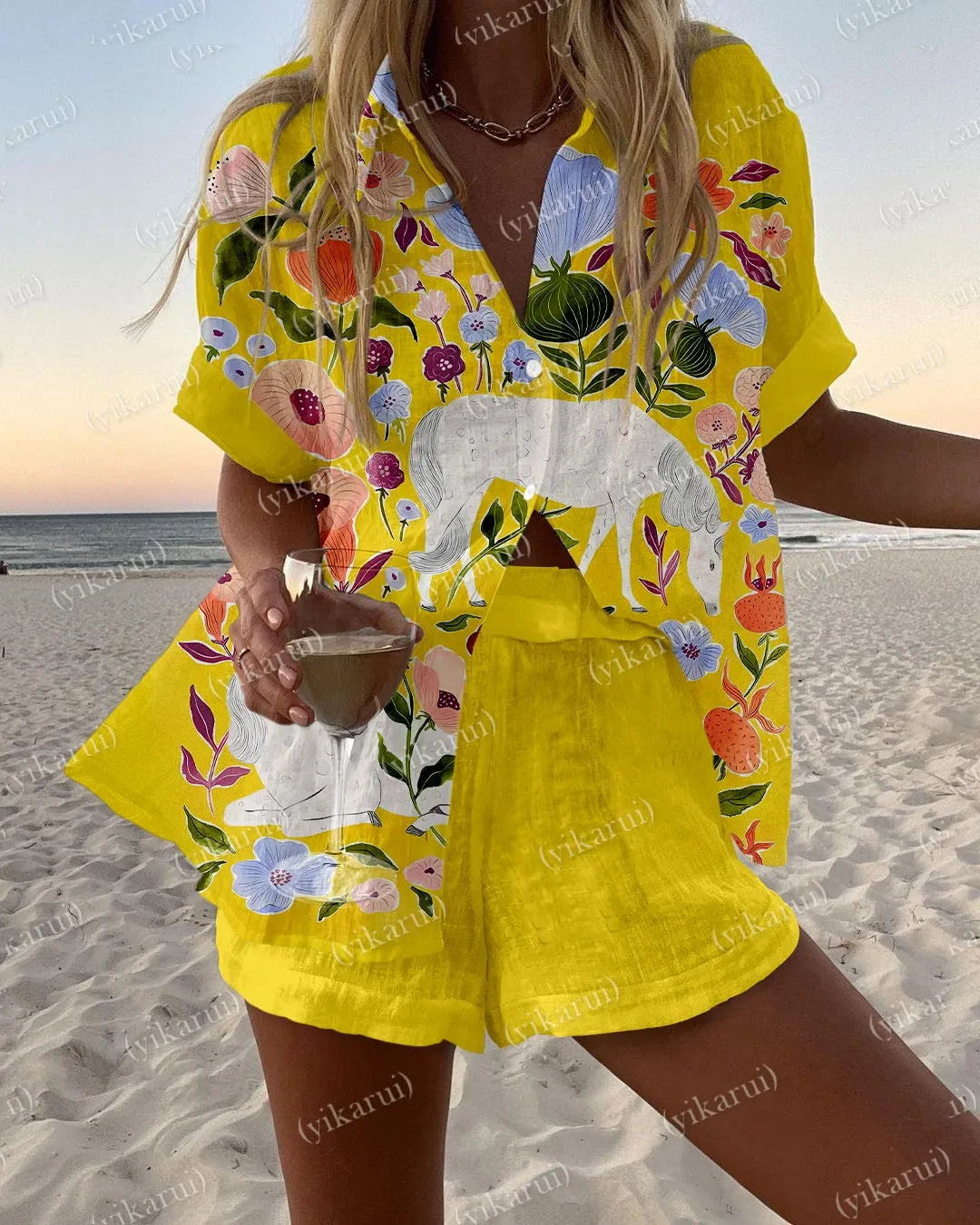 Summer Fashion Colorful Printed Blouse Shorts Two Pieces Sets Women Lapel Short Sleeve Button Shirt Suit Beach Holiday Outfits