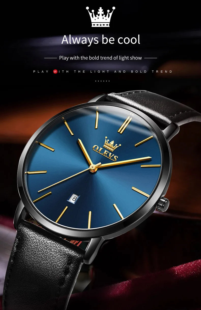 OLEVS 5869 Ultra Thin 6.5mm Quartz Watch for Men Fashion Leather Strap Simple Luxury Auto Date Clock Men's Wristwatch Waterproof