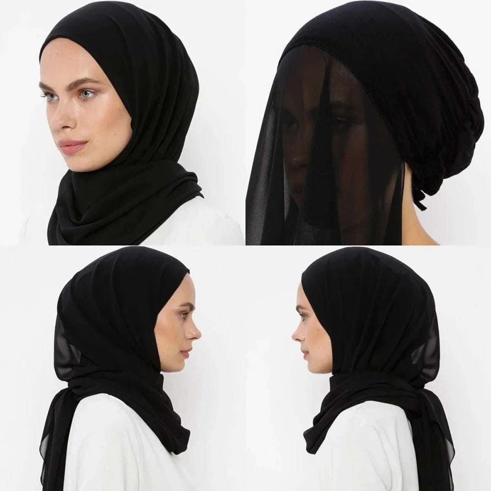 Instant Hijab with Tube Caps Women Premium Chiffon Hijab Muslim Soft Modal Cotton Open Caps Solid Colors Chiffon Shawl Turban