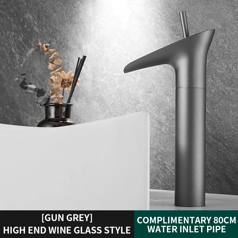 Bathroom Basin Faucet Sink Mixer Gun Grey Color Hot Cold Water Mixer Deak Mounted Waterfall Style Copper Sink Taps FR651