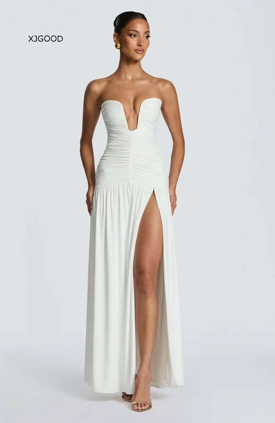 Women's Strapless Pleated High Slit Long Skirt Sexy Pure Color mid Waist Polyester Fiber V-neck Sleeveless Slim Fit Dress