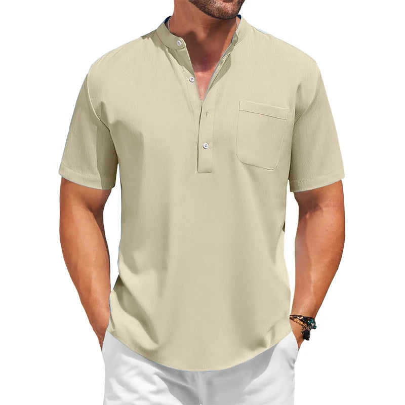 Mens Casual Henley Shirt Summer Short Sleeve Band Collar Cotton Tops Beach Hippie  Tee with Pockets Outdoor Streetwear for Men