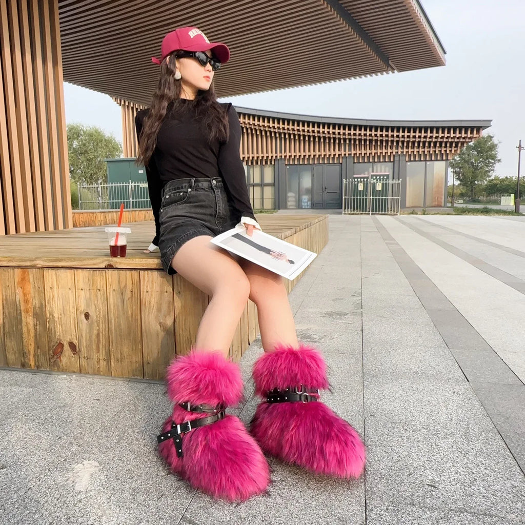 Winter Fur New Design Onepiece Raccoon FurFemale Snow Boots Fur shoes OutdoorMid Leg Boots y2k Cool Pink Girl