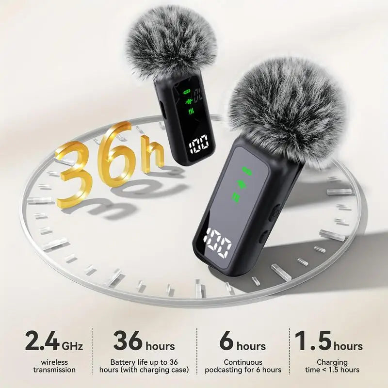 Plug‑and‑Play Wireless Lavalier Lapel Microphone, LED Battery Display with Portable Charging Case, DSP Noise Reduction, 36‑Hour Battery, 135‑Foot Working Distance, Compatible with iPhone, iPad, Android for Vlog and Li
