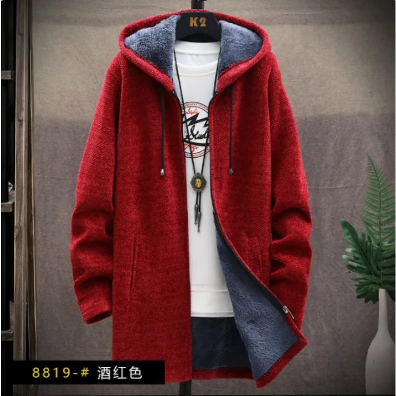 Mens Long Knit Cardigan Autumn Winter Sweater Coat Fleece Heavy Hooded Trench Coat Solid Chenille Men's Fashion Jacket