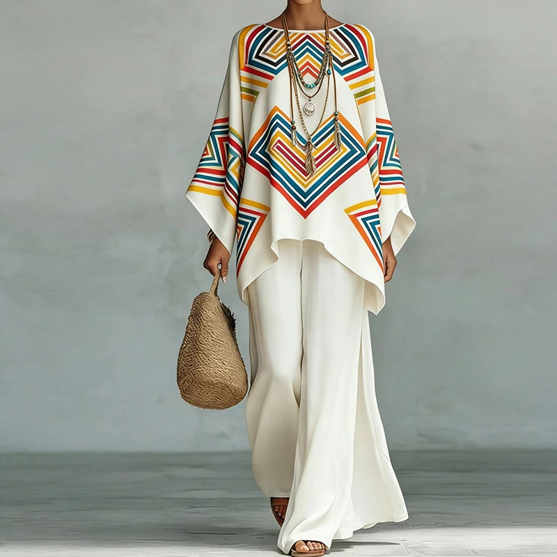 Women Casual Long Loose Top Two Pieces Sets, Summer Holiday Wide Leg Pants Fashion 2PC Outfit, Retro Printing Chic Ladies Suits