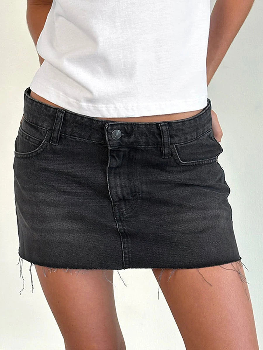 New Womens Denim Mini Skirts Low Waist Raw Hem Casual Fashion Jean Skirts For Summer Club Street Style S-2XL