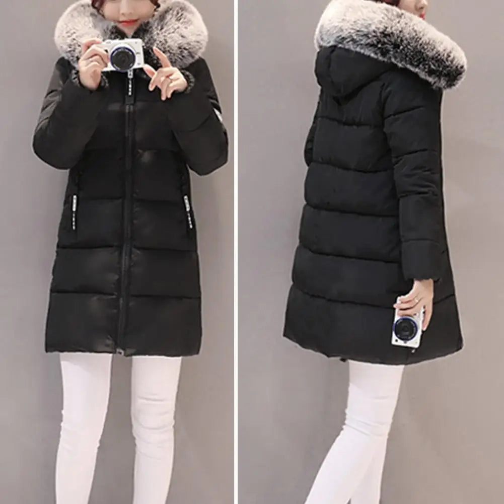 Fashion Women Winter Cotton Coat Parka Thickened Padded Stuffed Hooded Mid Length Warm Zip Up Slim Lady Down Coat Long Overcoat