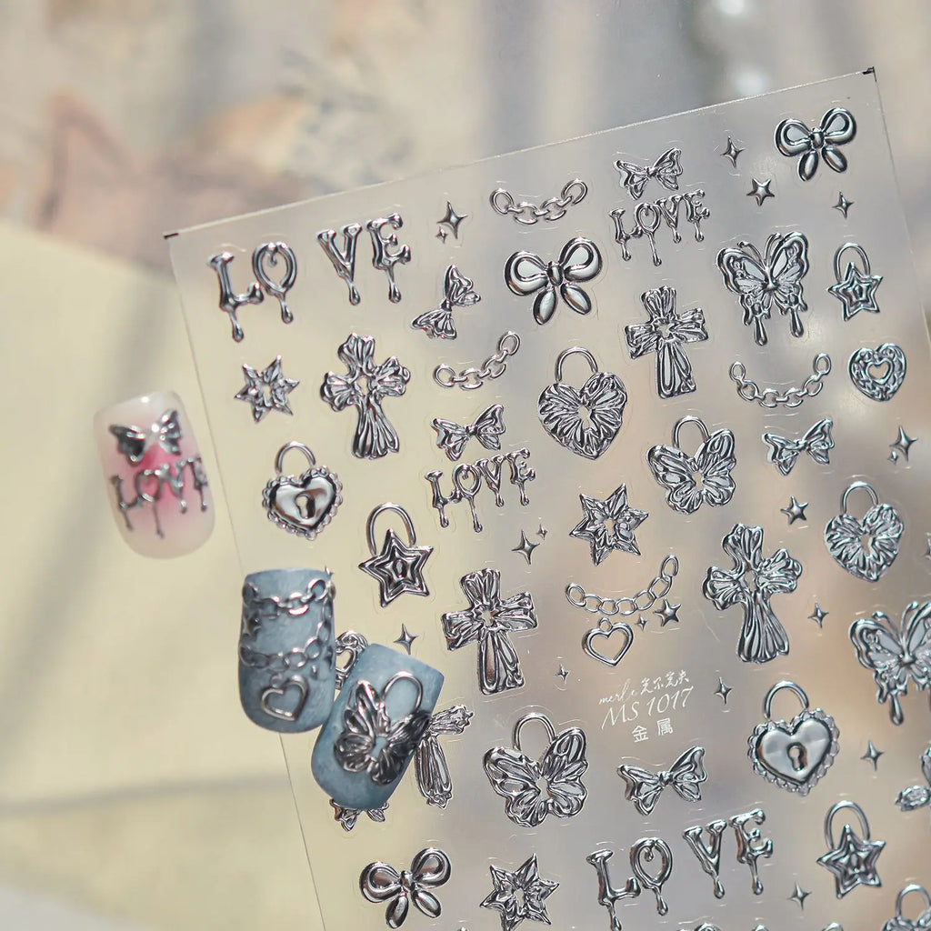 Cute Shiny Stars Chain Nail Stickers Gold and Silver Wavy Star Lines Self Adhesive Nail Stickers for Summer Nail Art Decoration