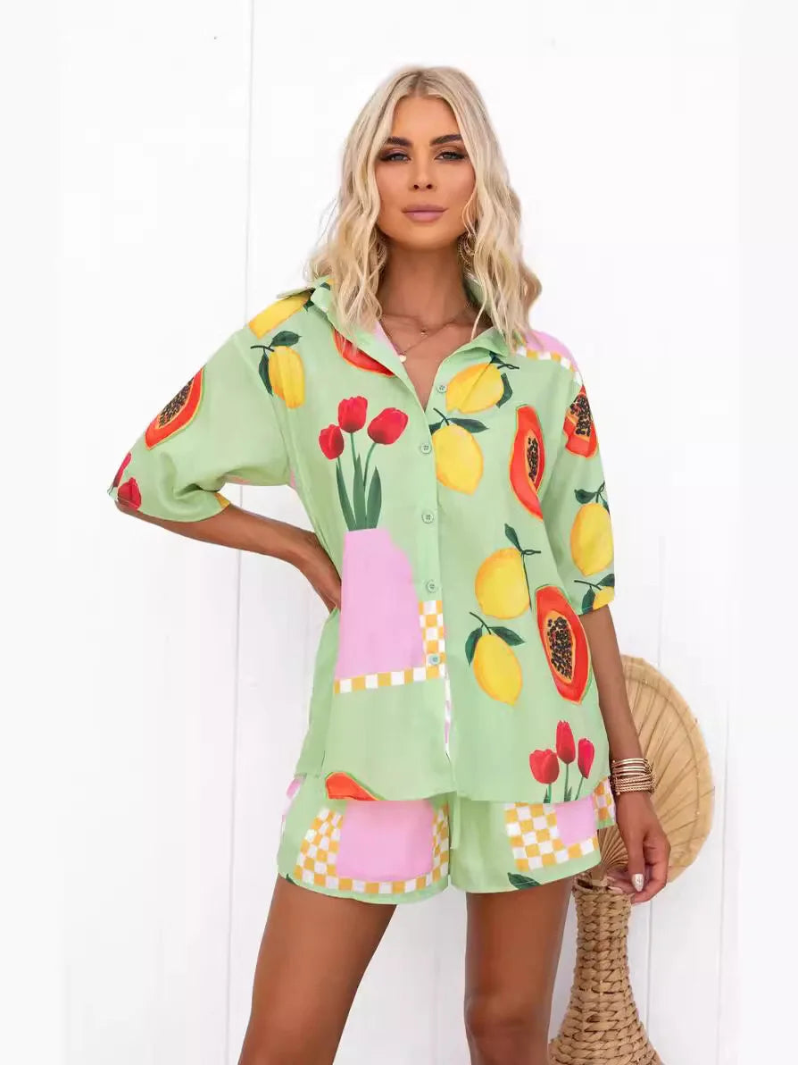 Women Summer Fashion Shorts Sets Retro Print Sleeve Shirt Shorts Suit New Casual Loose Female Beach Vacation Shorts 2 Piece Set