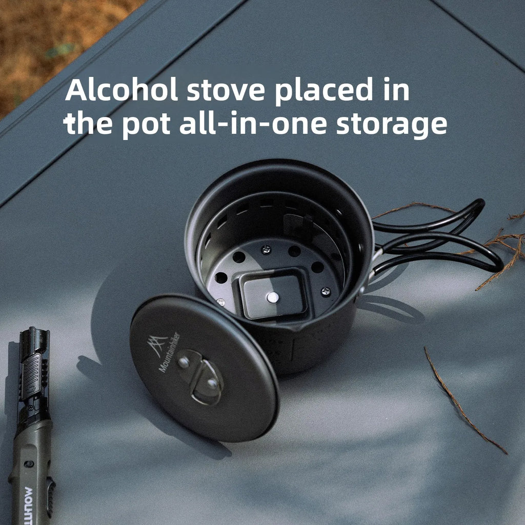 MOUNTAINHIKER Camping Cookware Set, Ultralight Portable Alcohol Stove Set with Pot, Windproof Integrated Cooking Kit for Hiking