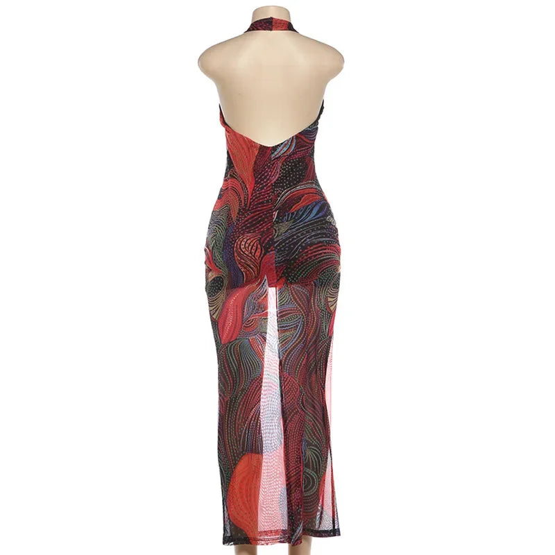 Sexy Fish Club Elegant Long Dresses Colorful Halter Neck Maxi Dress V Neck Backless Bodycon Fashion Style Sleeveless Party Dress