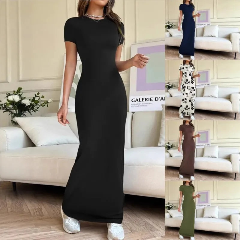 Short-sleeved Solid Color Slim Sexy Waisted Spring And Summer Temperament Dress Women's Round Neck Elegant Long Dress For Dinner