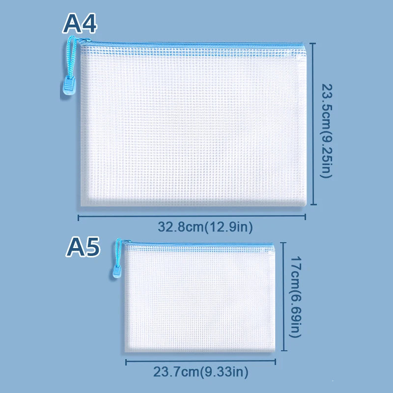 10Pcs Mesh Zipper Pouch Document Bag Waterproof Zip File Folders A4 A5 Size Office School Supplies Storage