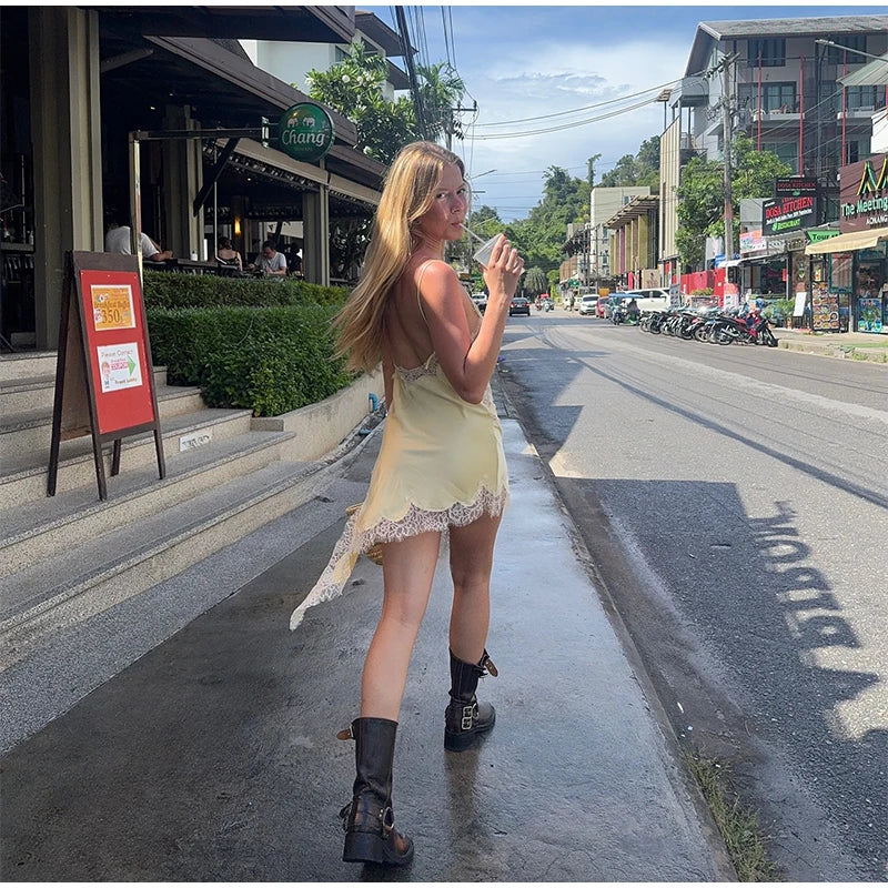 Sexy Solid Sling Lace Dress For Women Fashion Off Shoulder Backless High Waist Mini Vestido 2025 Chic Lady Party Holiday Dresses