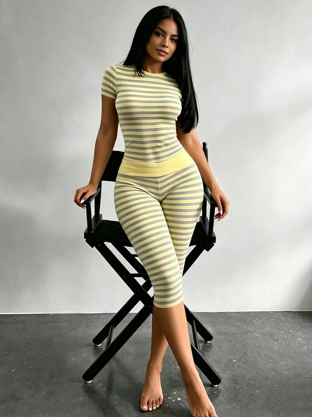 Stylish Lady Striped Two Piece Set Women Short Sleeve Top And Capri Leggings Bodycon Casual Home Workout Loungewear Fitness Suit