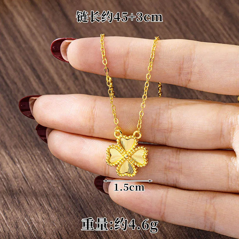 Luxury 24K 9999 Pure Gold real gold Women's Simple Style Lucky Grass Bracelet Flower Necklace Earrings Set