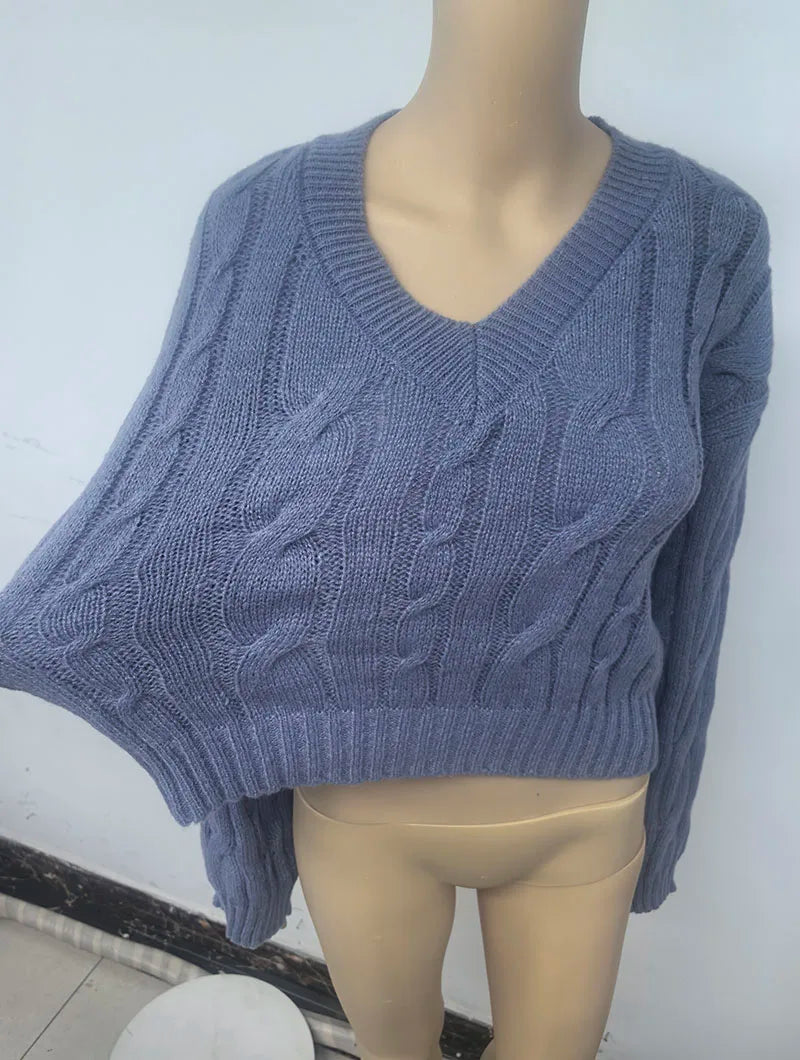 Vintage Twist Cropped Sweater Pullover Women Autumn Winter Loose V-Neck Knitted Jumper Lazy Style Classic Long Sleeve Knitwear