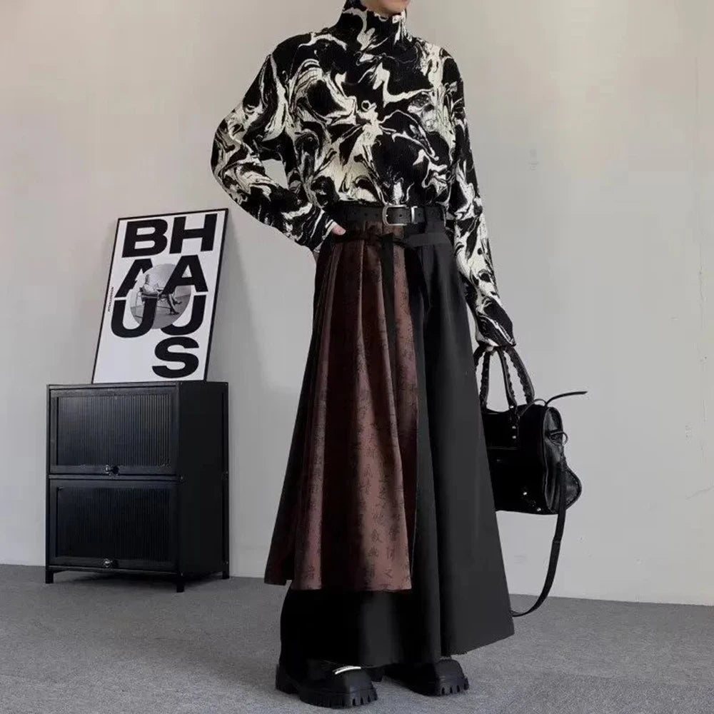 2026 Autumn Winter Mens Double Layer Chinese Calligraphy Splicing Irregular Culottes  Genderless Waist Strap Loose Wide Leg Pant