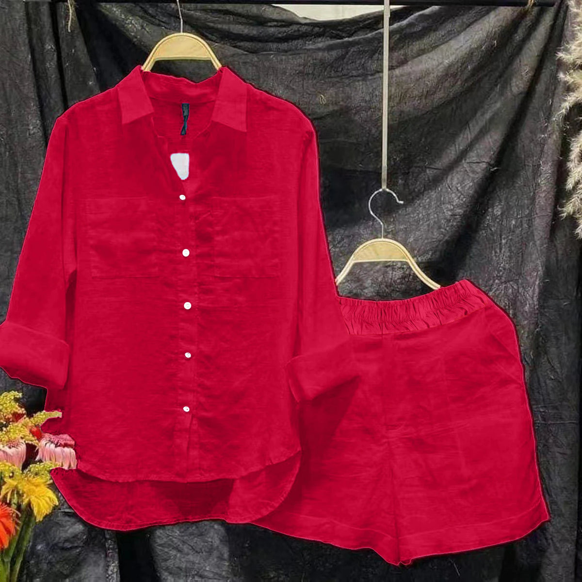 Women Spring Shorts Suits Holiday Long Sleeve Lapel Shirts And High Waist Pants 2 Pieces Jogger Sets Ladies Casual Outfits