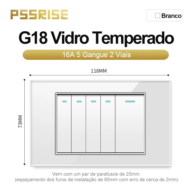 PSSRISE White Tempered Glass Standard sockets and switches brazil Switzerland Usb Type C Wall Socket Light Switch Smart Switch